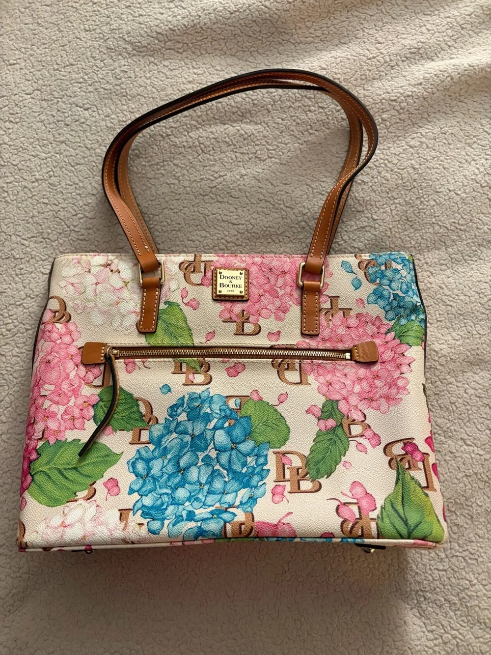 Dooney & Bourke Pink & Blue Hydrangea Logo Tote with Tan Trim